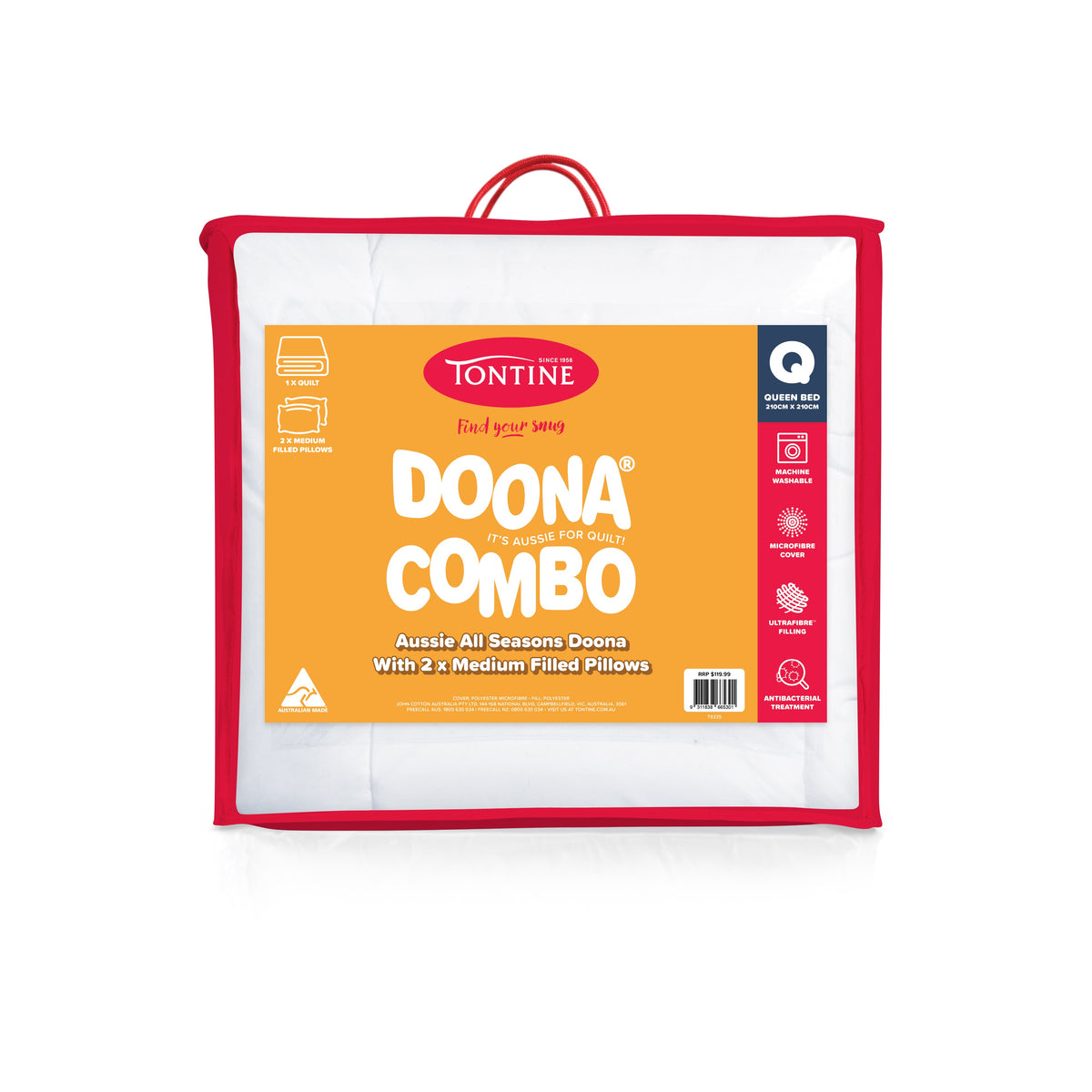 Doona Combo Bed Pack – All Seasons Quilt + 2 Medium Pillows