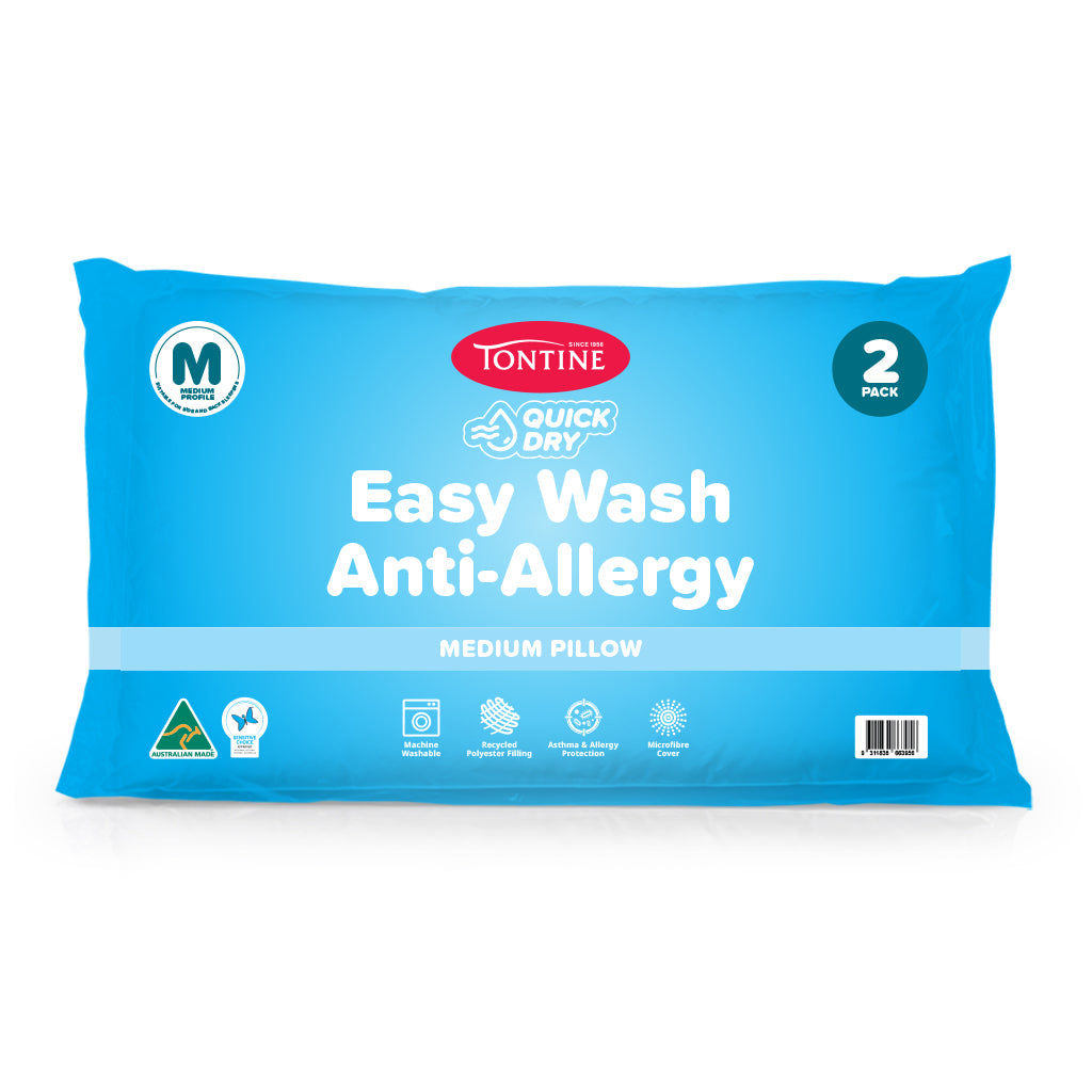 Quick Dry Easy Wash Anti Allergy Pillow 2 Pack - Medium