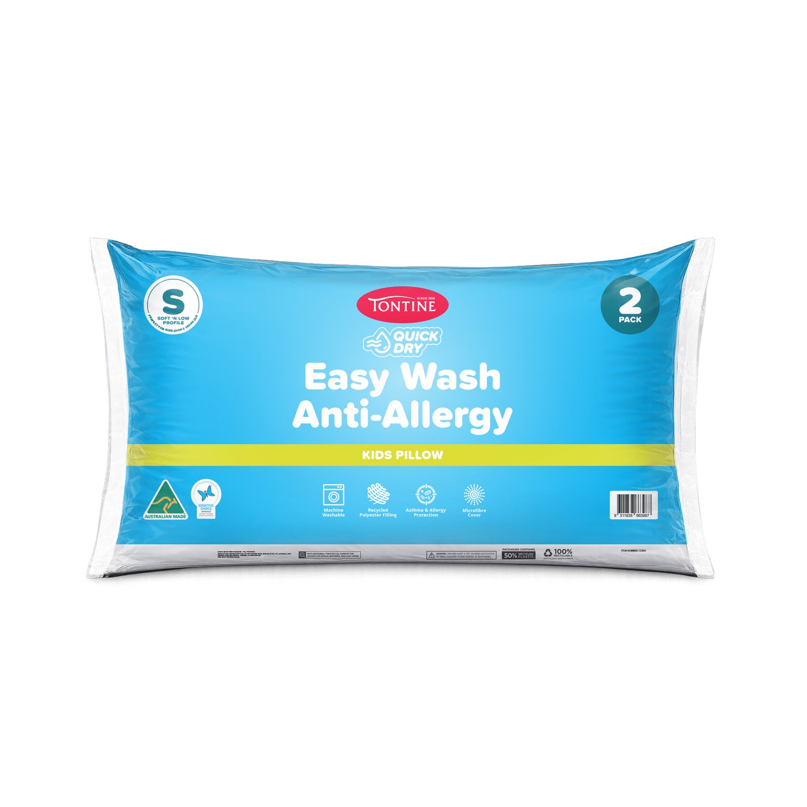 Quick Dry Easy Wash Anti-Allergy Kids Pillows 2 Pack